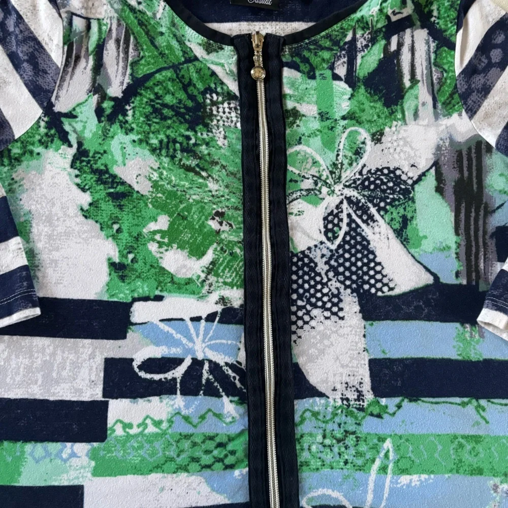 Onque Casual Zip Front Top Blue Green Stripe Floral Lightweight Jacket PM Y2K